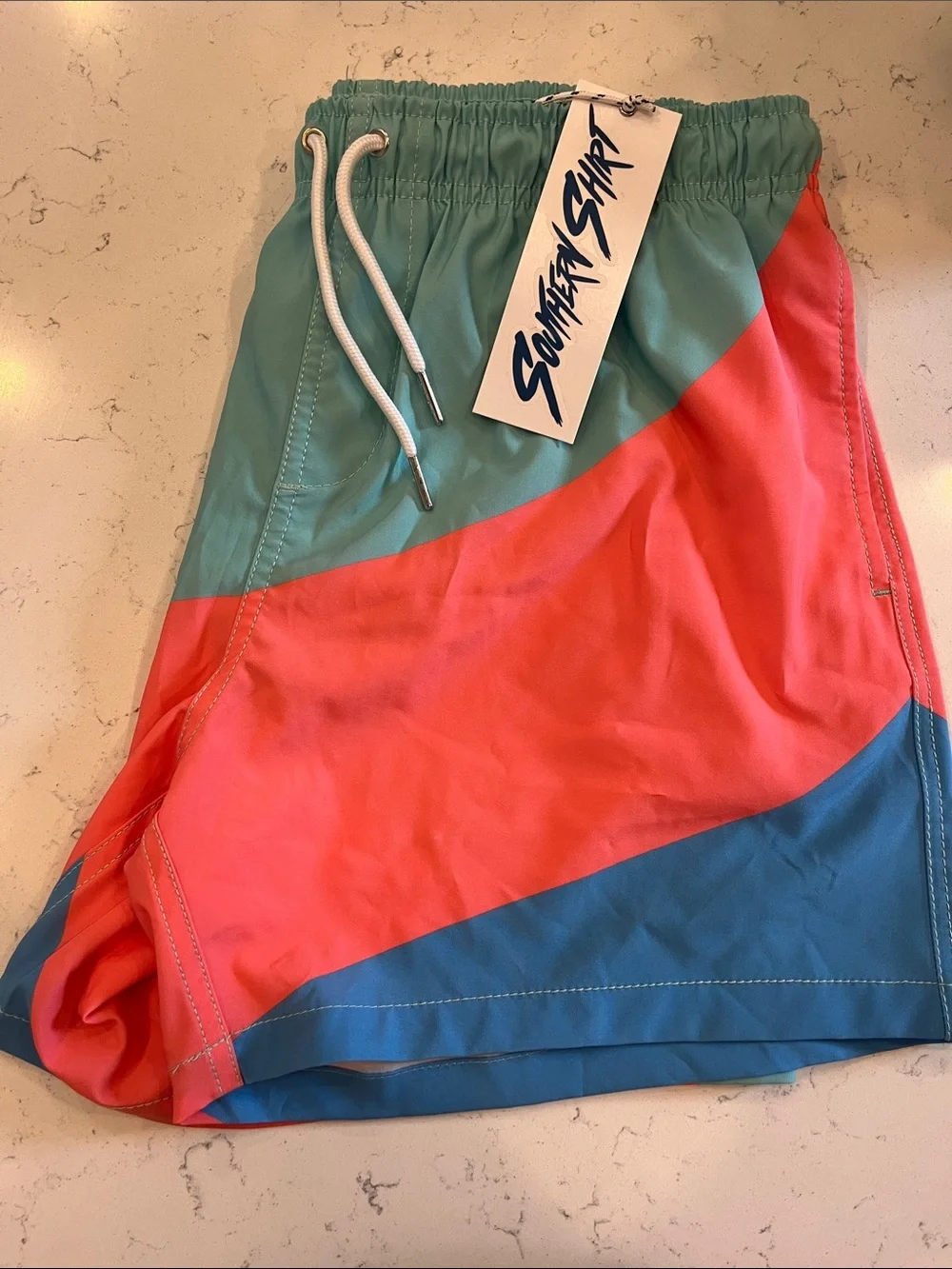 Southern Shirt Co. Colorblock Swim Shorts in Teal, Coral & Blue